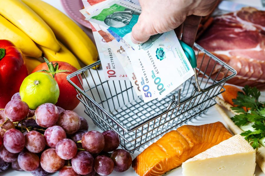 columbia notes held over small empty grocery basket surrounded by veggies